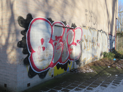 829170 Afbeelding van graffiti met o.a. de teksten 'FLOF' en 'FRED' op de zijgevel van het pand Cremerstraat 253 te Utrecht.